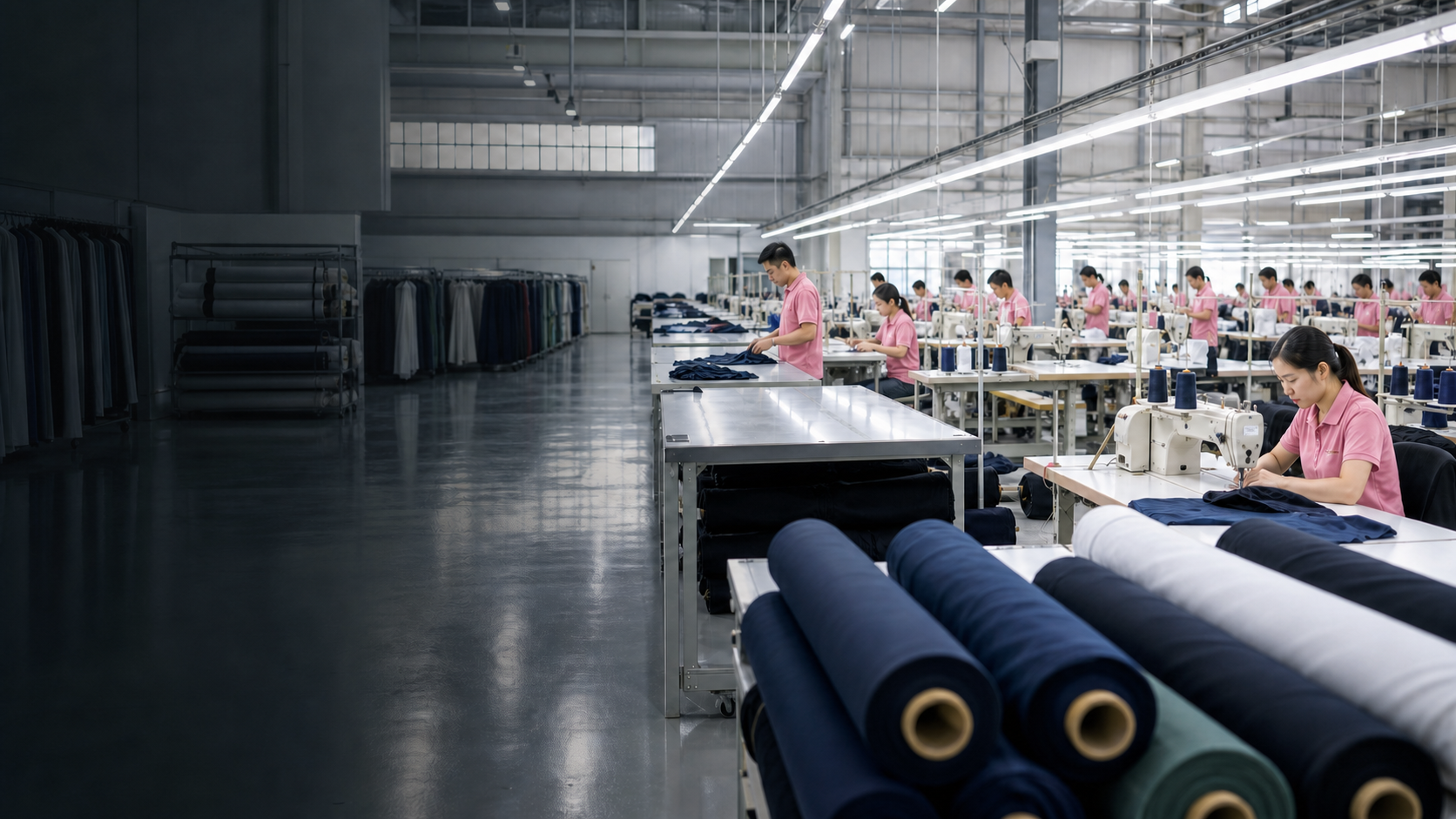 Modern apparel manufacturing floor with sewing machines and fabric rolls